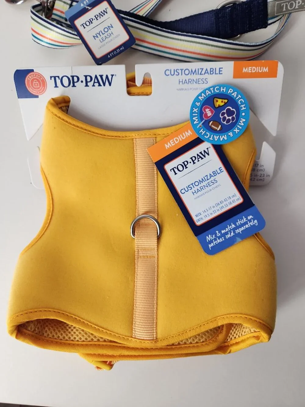 Customizable Dog Harness size M Yellow and Leash 4ft Rainbow Stripe Top Paw